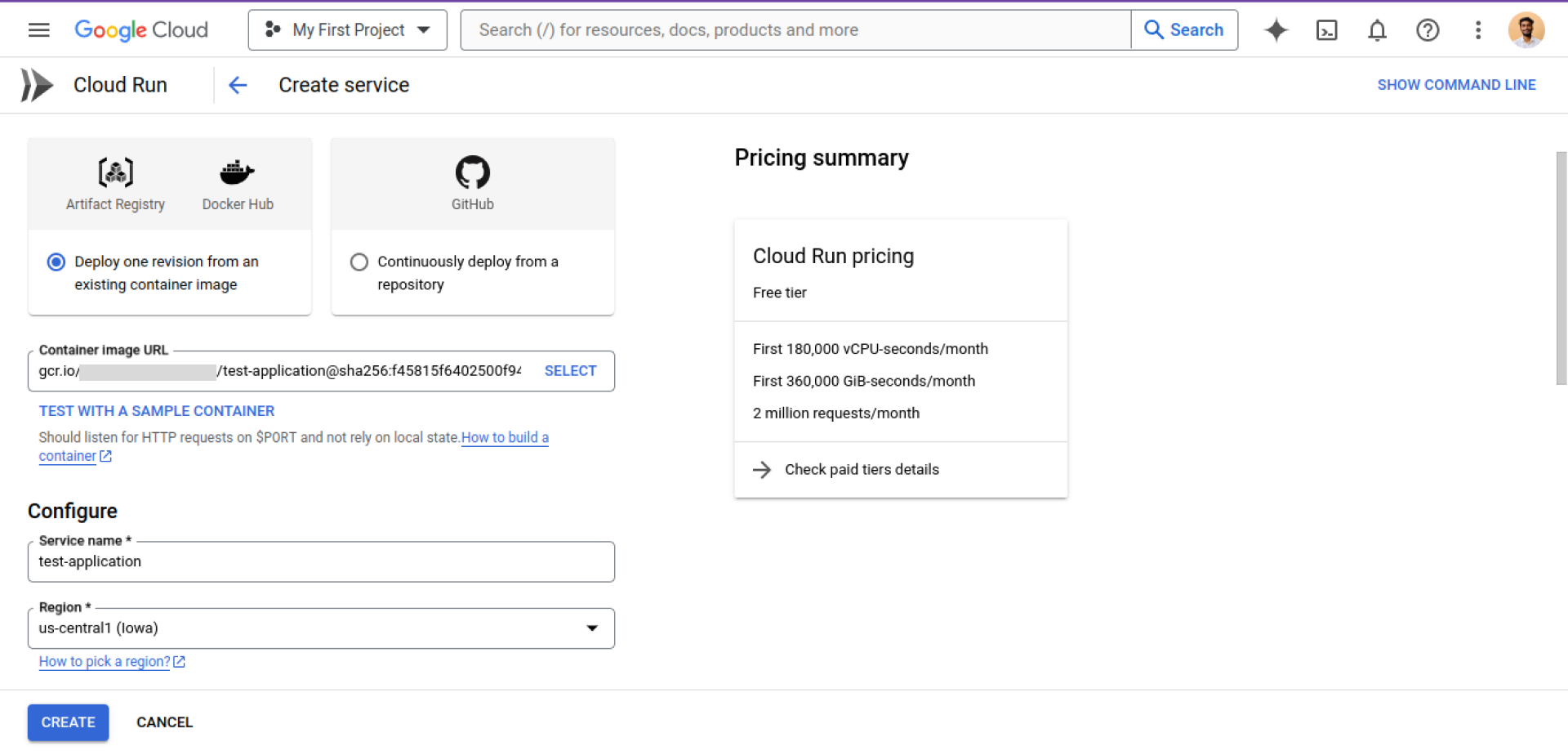 gcp cloud run service name and region 